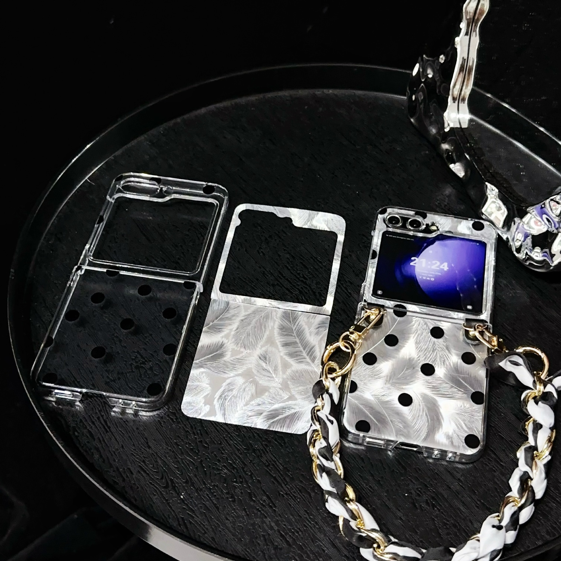 Transparent Polo Dot Feather Yarn for Samsung Galaxy Z Flip5 Phone Case Zflip3/4 Folding Screen Saver Sheath_voghion.com