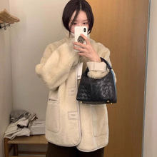 韩国 monoha皮毛一体皮草休闲两面穿单排扣羊剪绒全羊毛中长外套