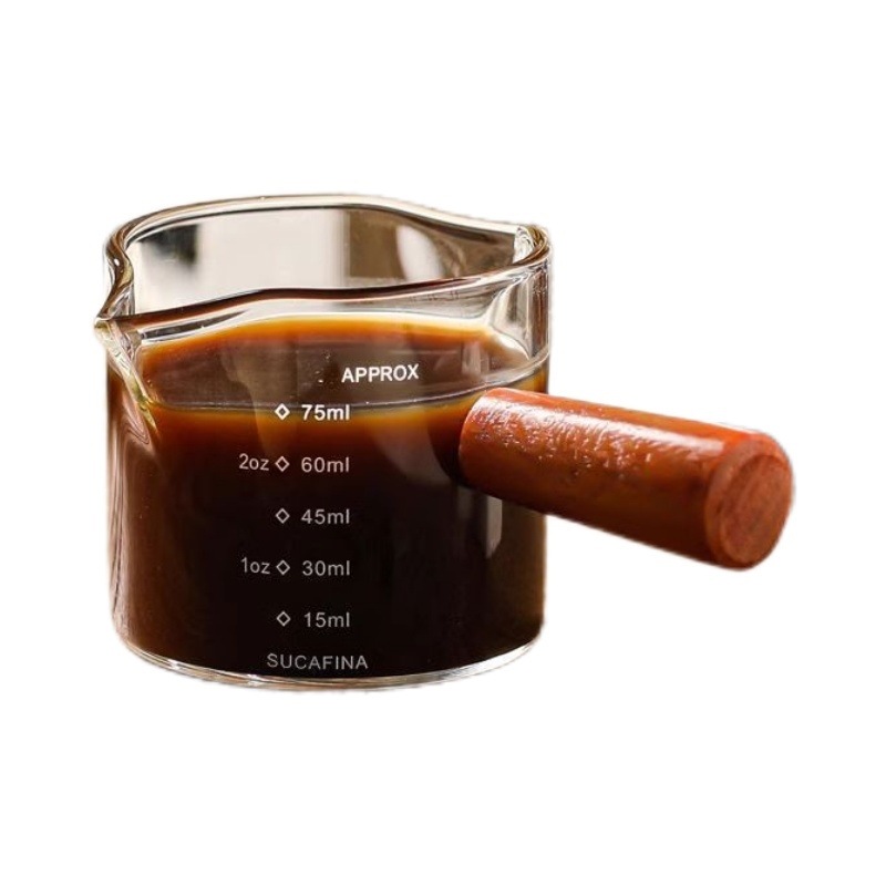 Glass Milk Cup with Scale, Espresso Cup, Portable Milk Jug with Wooden Handle, Extraction Ounce Cup