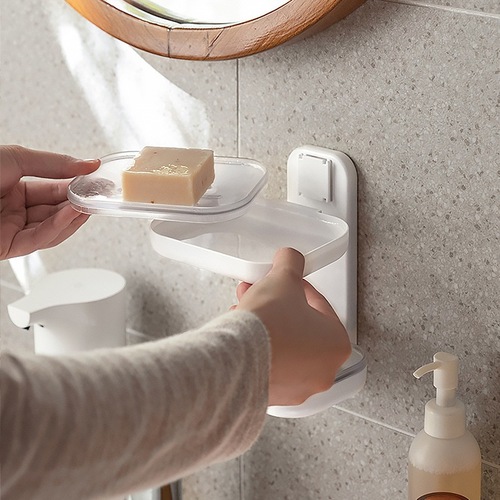 Wall-mounted draining soap box with drain tray, punch-free suction cup, double-layer draining toilet, bathroom soap storage rack