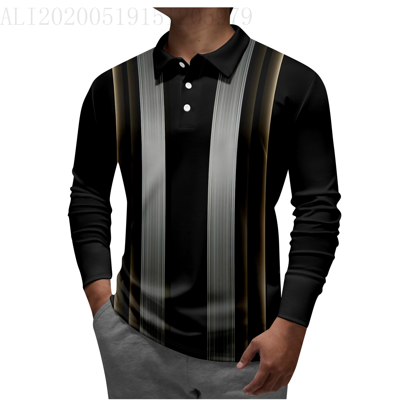 Pulse Polo Shirt European And American Cross-Border Men's Long Sleeve Striped T-Shirt Middle-Aged Plaid Button_viptrois.com