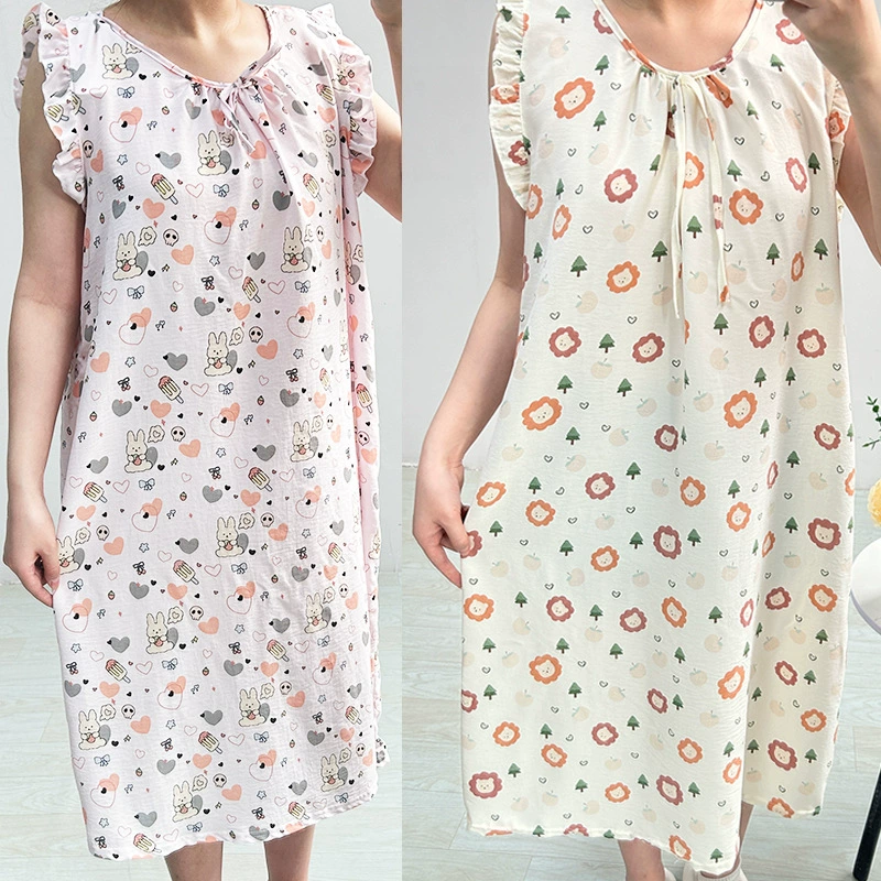 Летняя женская кружевная ночная рубашка без рукавов в корейском стиле, пуловер с круглым вырезом и мультяшным принтом, милая домашняя юбка средней длины для верхней одежды