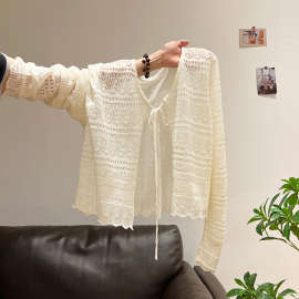 韩系冰丝针织开衫女夏薄款长袖短款防晒披肩外搭外套镂空罩衫上衣