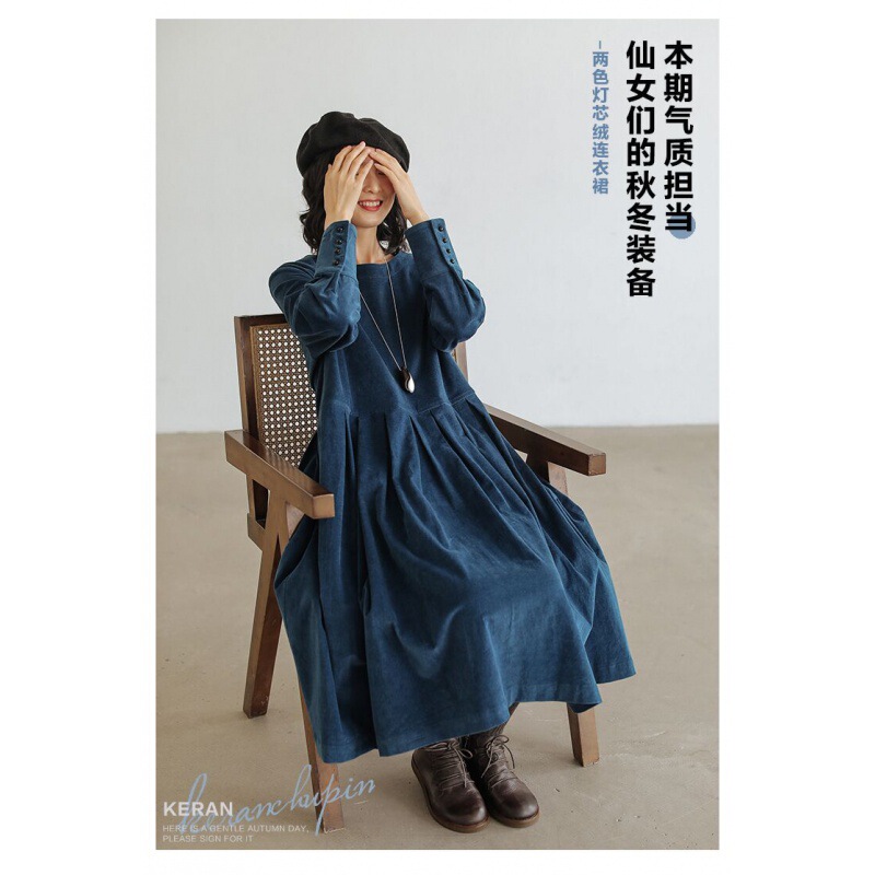 Japanese and Korean style in stock artistic elegant corduroy dress Autumn New 2021 long sleeve midi dress for women