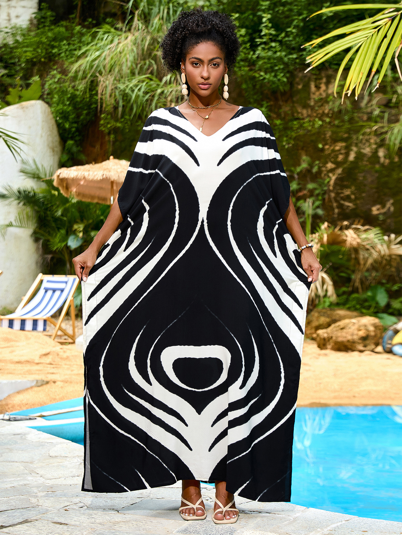 Transfronterizo nuevo algodón impresa camiseta de playa suelta vestido de vacaciones bikini con buñuelo A031