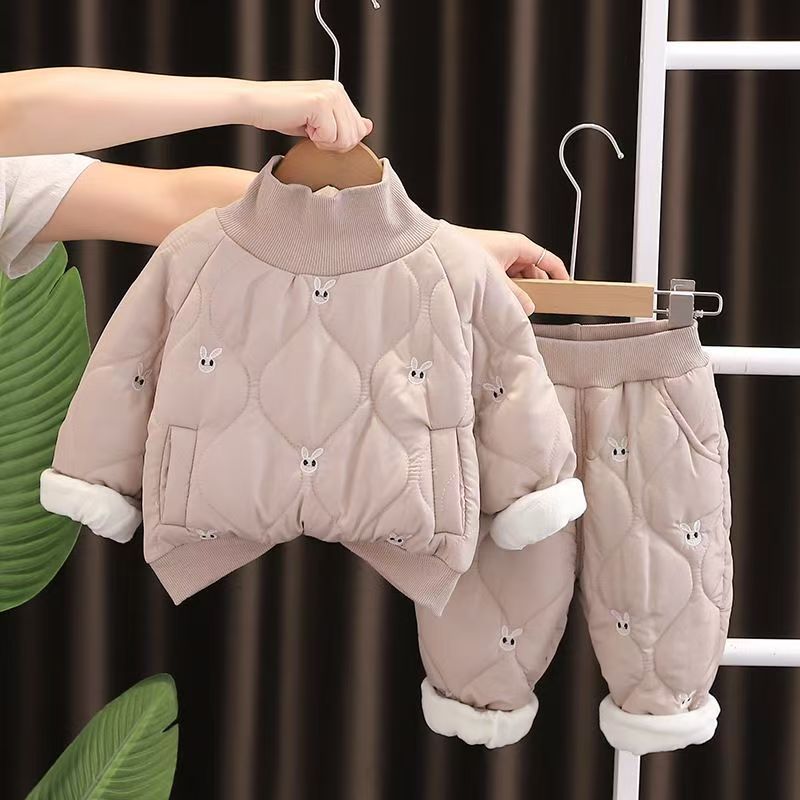 2025童装女宝宝纯色棉服加绒两件套冬季中小童半高领衍棉休闲套装|undefined