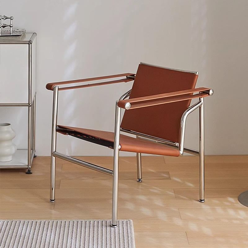 Nordic Modern Middle Antique Stainless Steel Tube Casual Recliner Designer Furniture Hotel Home Matching Coffee Hall Chair