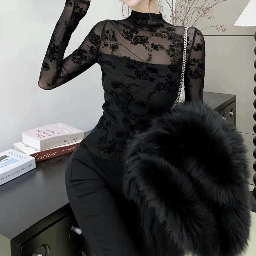 [Женский белый и тонкий] Половина высокого воротника с длинными рукавами кружевная рубашка толстая теплая нижняя рубашка