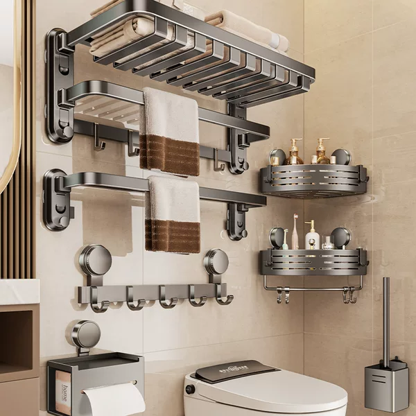 Four-Suction Cup Mesh Basket Towel Rack Bathroom No-Drill Toilet Bathroom Storage Rack Integrated Towel Rack Hanging Rod Set