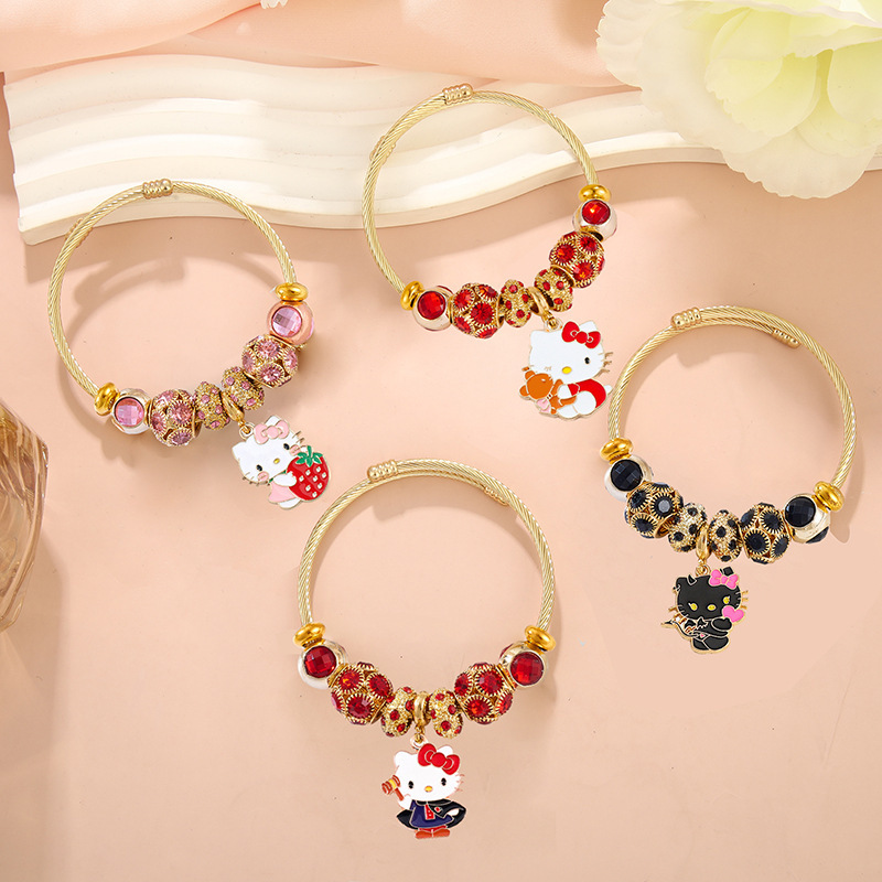 Sanrio Hello Kitty Crystal Beaded Bracelet Korean Cartoon Cute KT Cat Pendant Bracelet Jewelry for Women