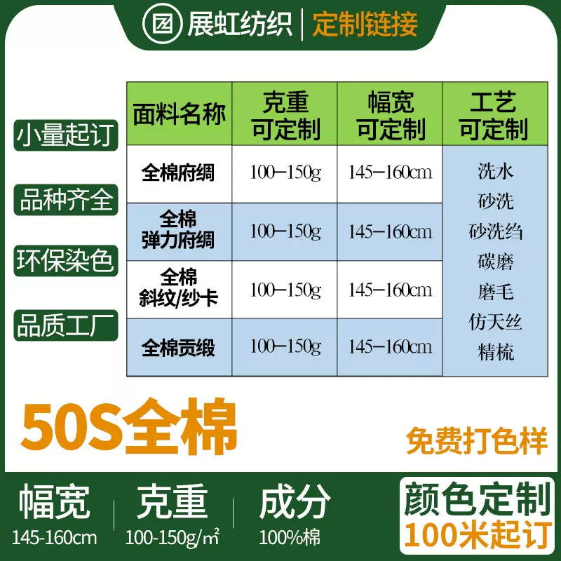 定制50支精梳全棉弹力府绸纱卡斜纹贡缎洗水砂洗绉磨毛仿天丝面料