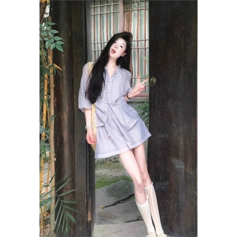 Новый китайский стиль, ретро-дизайн с пряжкой, фиолетовая рубашка с рукавами-фонариками, женские летние тонкие модные широкие шорты, комплект из двух предметов