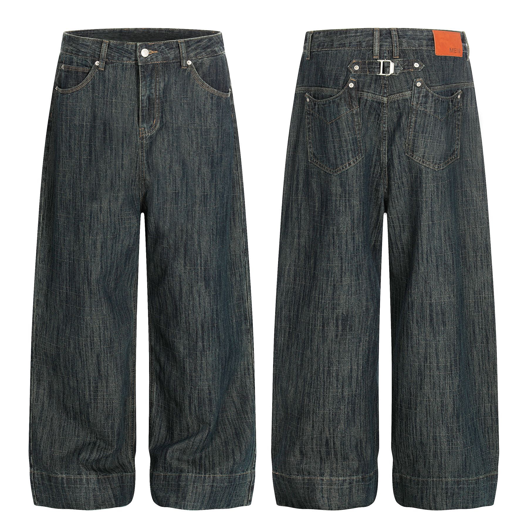 Jean homme vintage rayé délavé, coupe ample, fermeture boutonnée, style streetwear décontracté_voghion.com