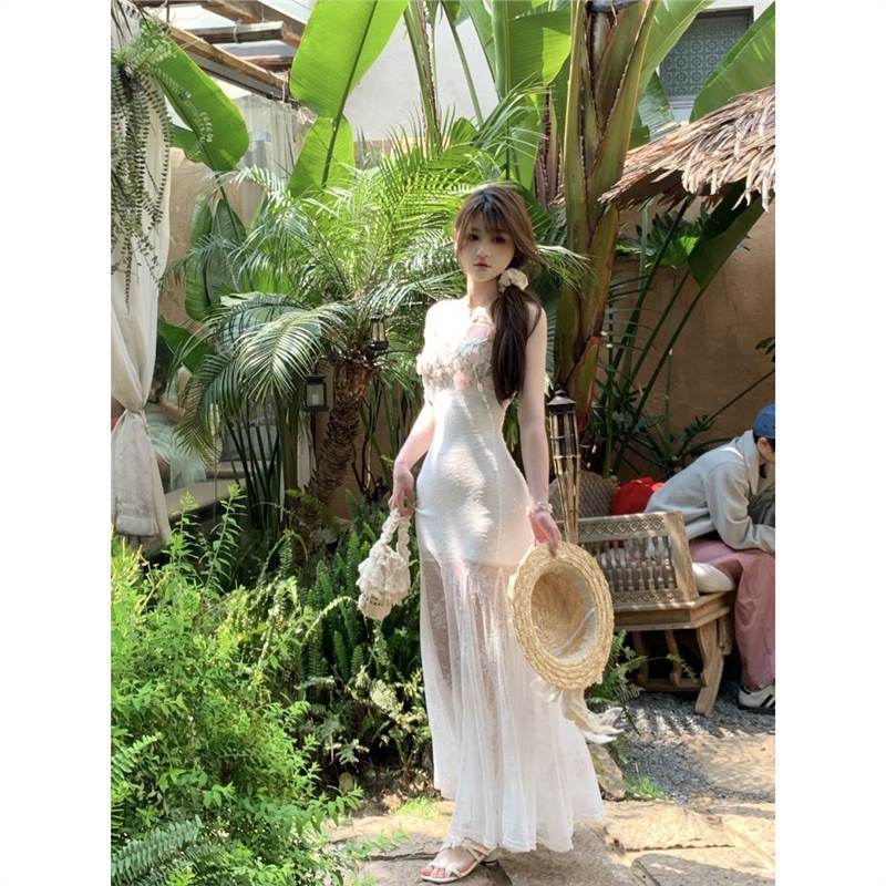 法式度假风超仙绝美收腰显瘦吊带裙新款高级感重工花朵网纱连衣裙|undefined