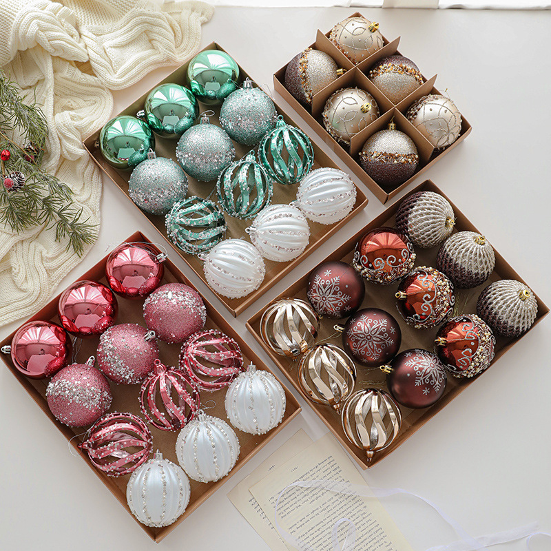 Nuevo producto 8CM Bolas de Navidad en caja set de polvo adhesivo esquinilla plástico árbol de Navidad colgante decoración giratoria