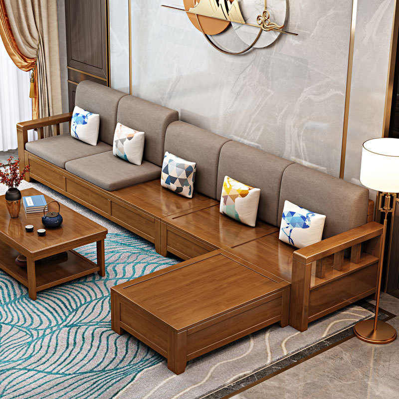 Solid wood sofa combination modern simple small apartment economical fabric sofa new Chinese style living room storage wooden sofa 