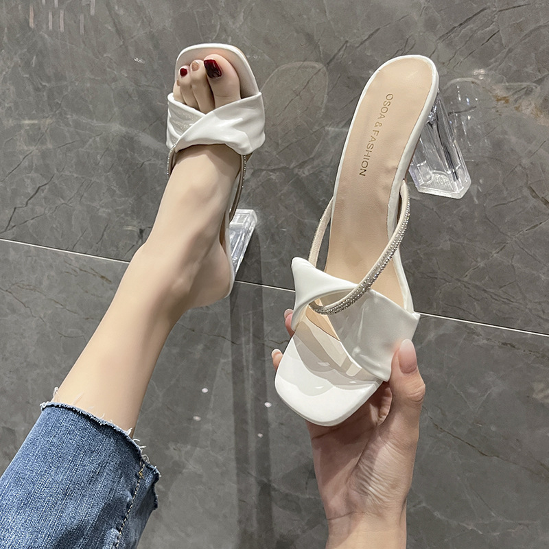 French Transparent High-Heeled Sandals for Women's Outer Wear 2024 Summer New Sandals Versatile Open-Toe Thick Heel Crystal Slippers