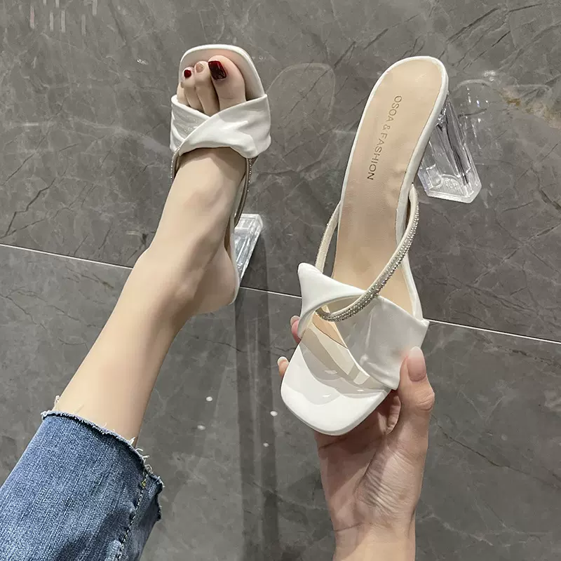 法式透明高跟凉拖女外穿2024年夏季新款凉鞋百搭露趾粗跟水晶拖鞋