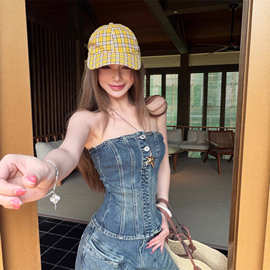 实拍！牛仔抹胸辣妹修身短款裹胸上衣女宽松低腰阔腿长裤牛仔裤潮