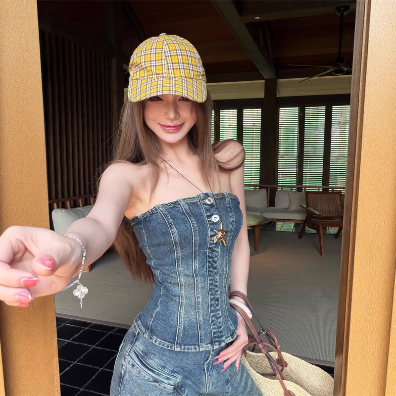 Real Shot! Denim Tube Top for Hot Girls, Slim-Fit Short Bustier Top, Loose Low-Waist Wide-Leg Jeans for Women, Trendy
