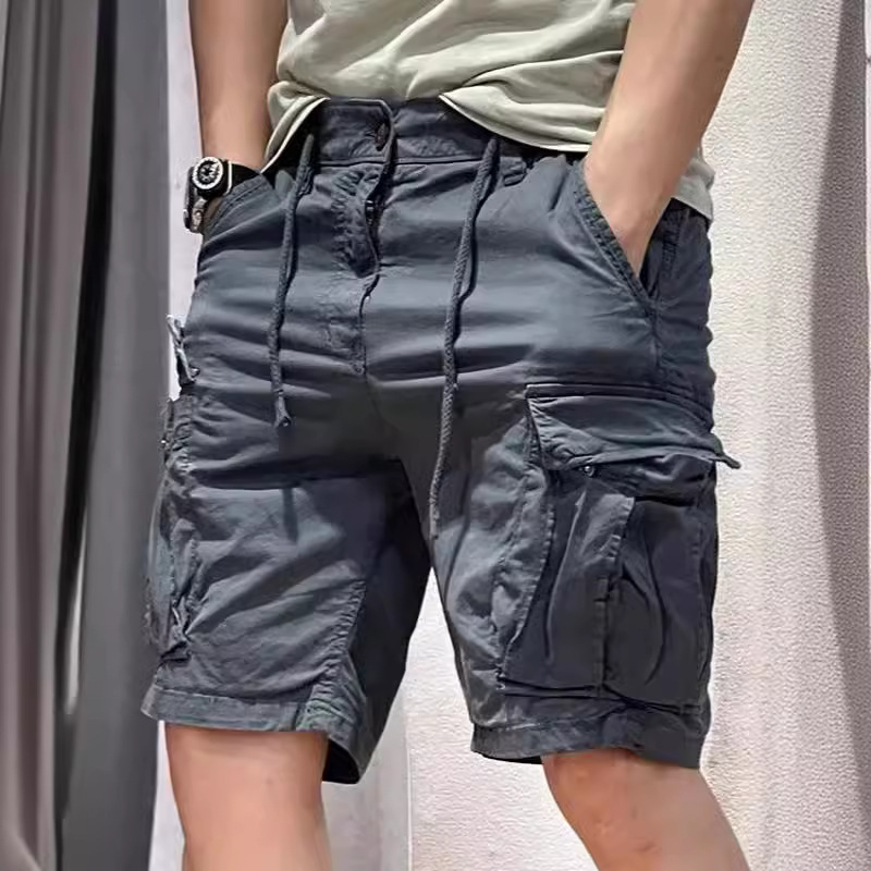 American Retro Multi-Flap Pocket Pants Cargo Shorts Men's Khaki Outer Pants Summer Thin Textured Cotton Five-Quarter Pants