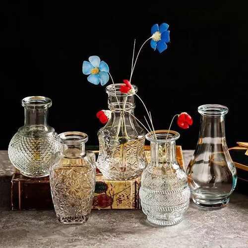 Glass vase French retro relief transparent living room flower arrangement decoration photo props ins photography background ornaments