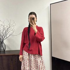 秋装新品女装文艺纯色亚麻小衫宽松套头精致木耳边领口防锁边工艺
