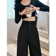 黒のスーツパンツ レディース 春新作 ハイウエスト 着痩せ効果 ゆったり ドレープ感 細身ストレート ロング丈パンツ
