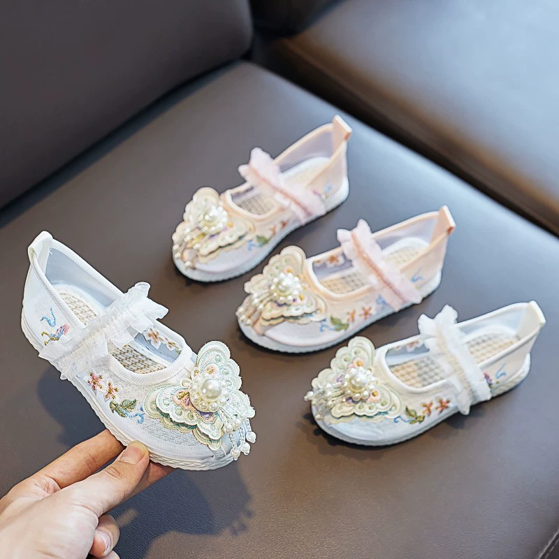 23 новые летние туфли ханьфу для девочек, детская обувь с вышивкой, древний костюм, сетчатые сандалии в китайском стиле, обувь принцессы для выступлений