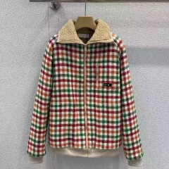 南油m家女装25秋冬新款时尚休闲彩色格纹羊羔毛领夹克棉服外套女