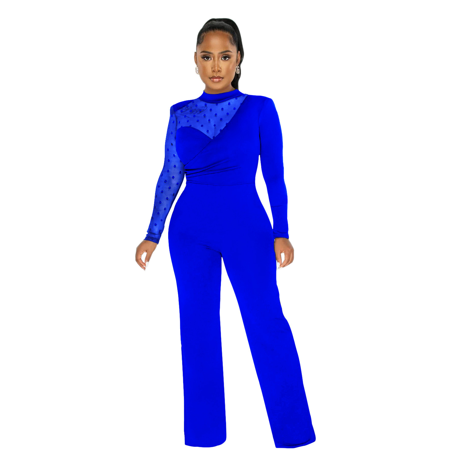Women's Clothing fashion women's polka dot mesh see-through long-sleeved trousers solid color jumpsuit_voghion.com