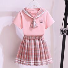 童装女童制服套装夏装连衣裙儿童校服学院风格子百褶裙子两件套