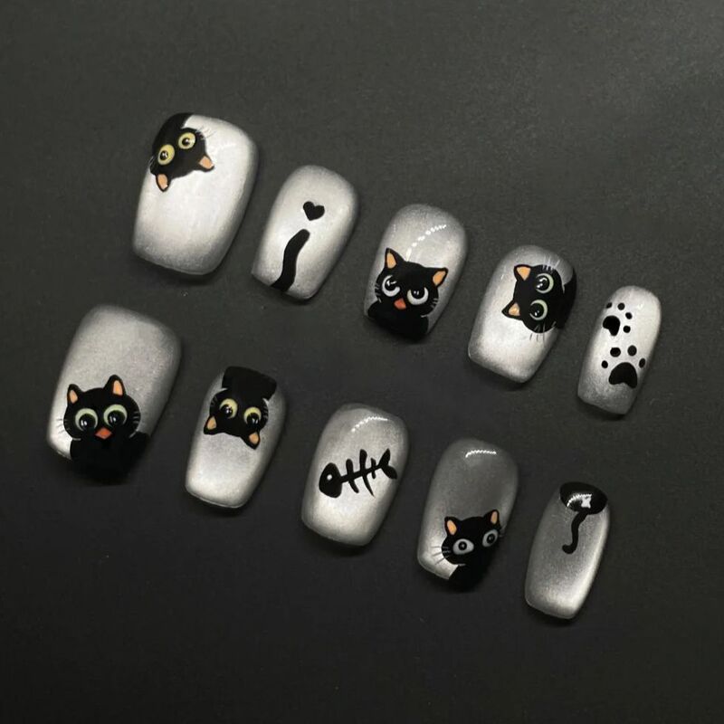 Cartoon Cat-Themed Wearable Nails 2026 New Summer Style, Brightening and Gentle Manicure, Detachable Wearable Nail Pieces, 10-Piece Set