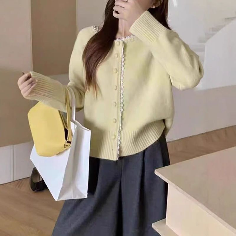 法式蕾丝花边开衫女时尚单排扣温柔宽松甜美针织毛衣春秋外套上衣|undefined