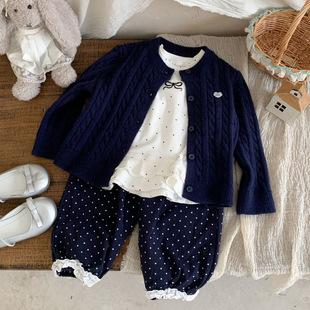 Girls' Outwear Autum 25 New Kidsren's Korean Style Bow Sweater Cardigan Baby Girl Autum Lace Polka Dot Pants