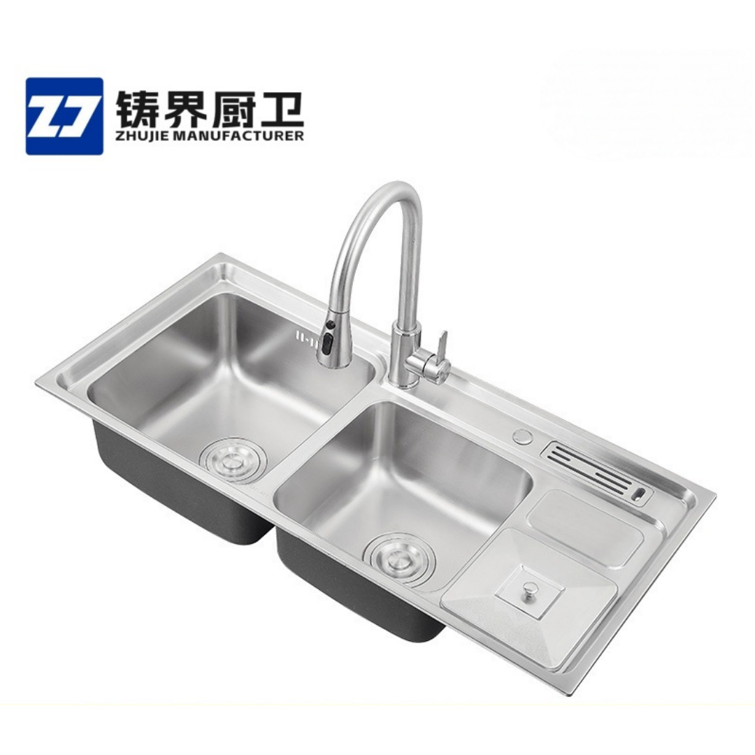 304不锈钢水槽跨境大双槽带板带垃圾桶水槽多功能水槽厨房洗菜池