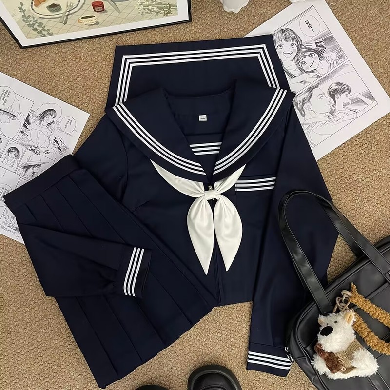 Jk制服ベースモデル改良白三本セーラー服合集長袖海軍襟学院風日系スーツ|undefined