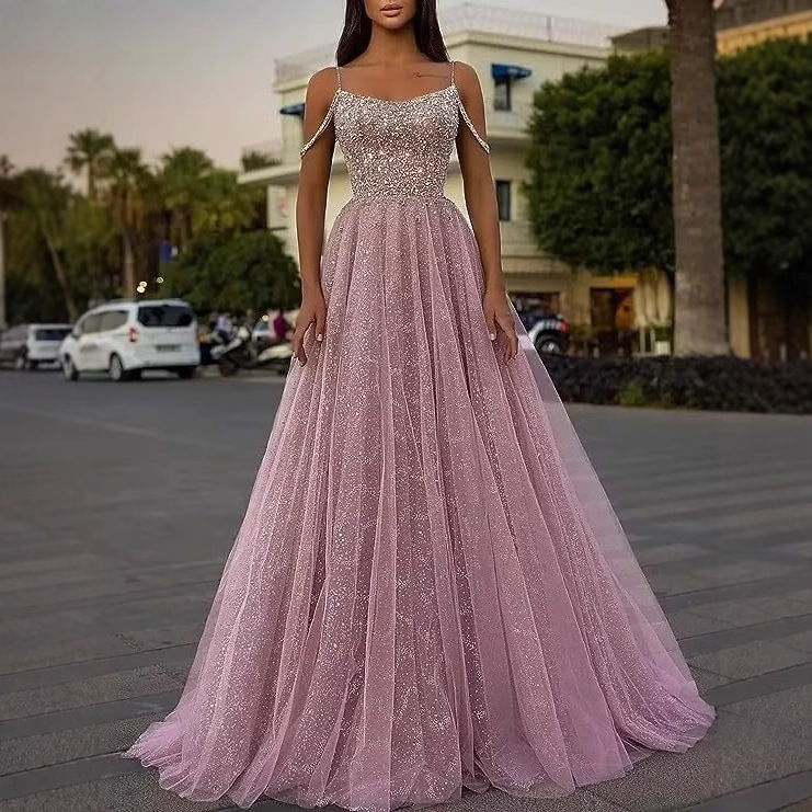 Vestido de noche de gala transparente con hombros descubiertos, estilo nuevo transfronterizo, brillante, para comercio exterior, 2026, venta al por mayor. image 3