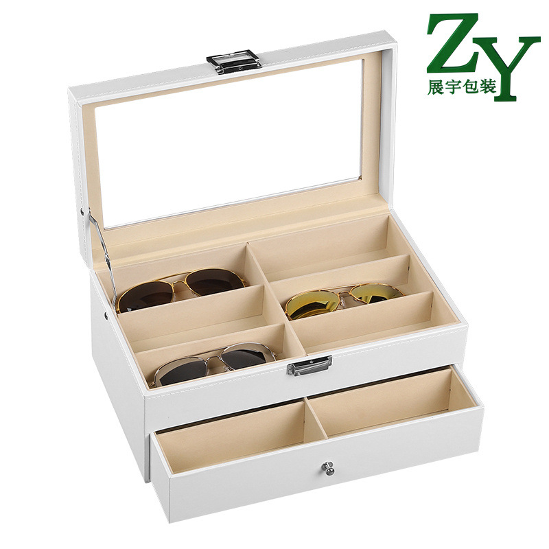 In stock wholesale double-layer leather drawer glasses box 12 grid household dustproof wooden glasses storage sunglasses box