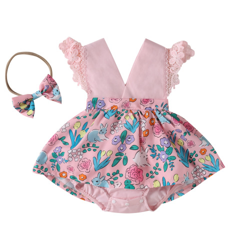 Baoxin Children's Wear  New Foreign Trade Easter Daily Cute Bunny Printed Flying Sleeve Harness Openable Romper Suit