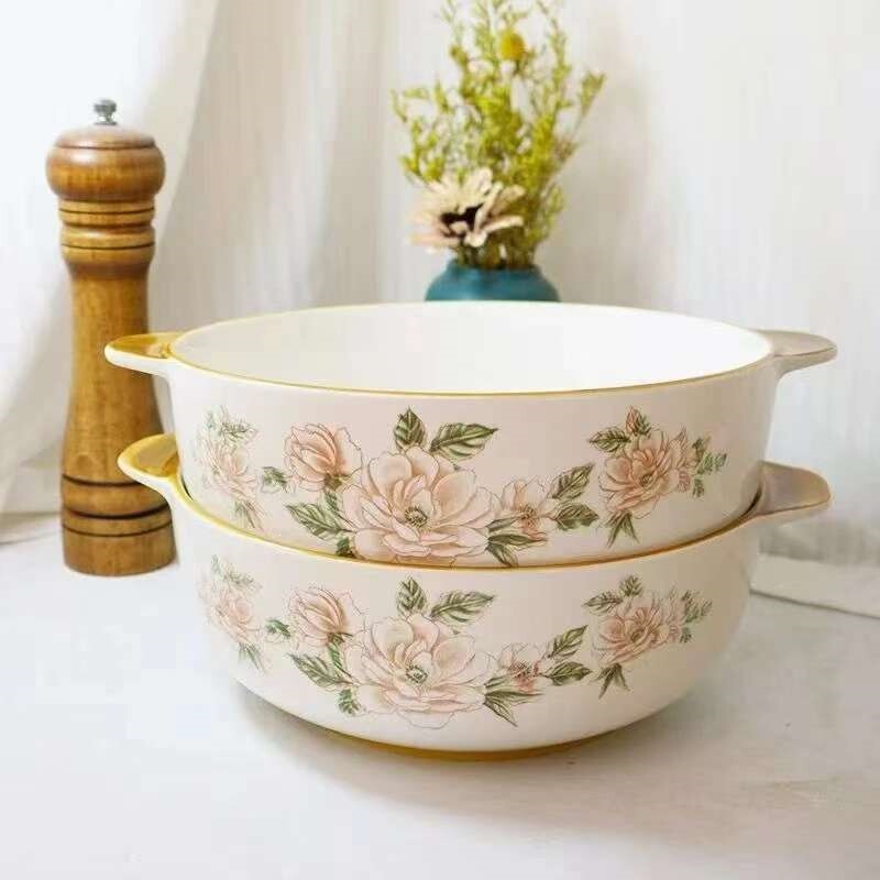 2-Pack of Camellia-Patterned 9inch Double-Handle Ceramic Soup Bowls, High Aesthetic Value, Large Size for Home Use