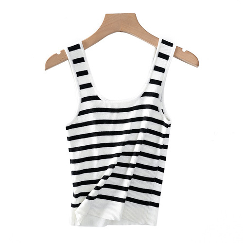 Machine washable, striped contrasting U-shaped collar, new spring and summer knitted suspenders for outer wear, versatile vest with girly feel for all seasons