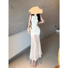 H611法式白色网纱条纹背心连衣裙女夏季长裙海边度假风收腰鱼尾裙