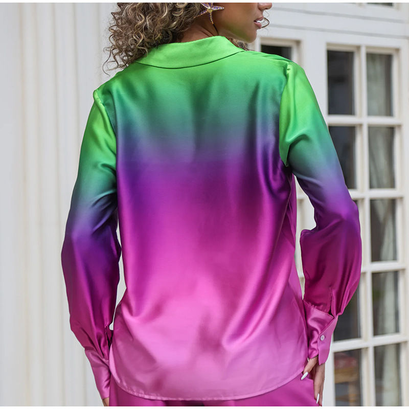 2 Pieces Set Quantity Daily Occasion Turndown Neckline Comfort Function Daily Women's Casual Gradient Color Polyester Printing Pant Co-ord Set Pants Sets
