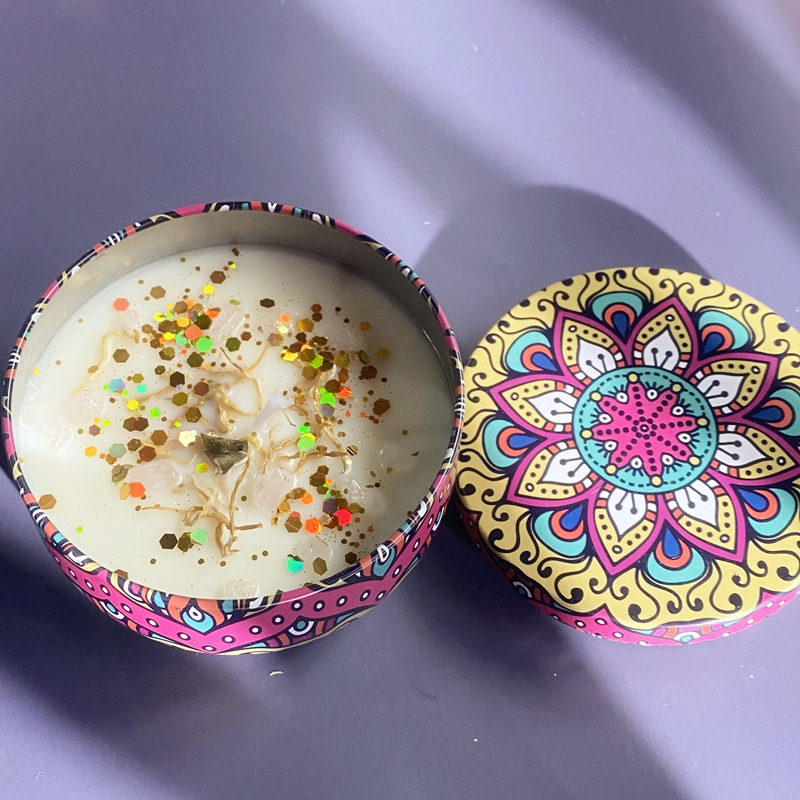 Caja de hojalata vela boda fragancia hecha a mano pequeña vela cumpleaños flor seca cera de soja con regalo de mano aromaterapia vela