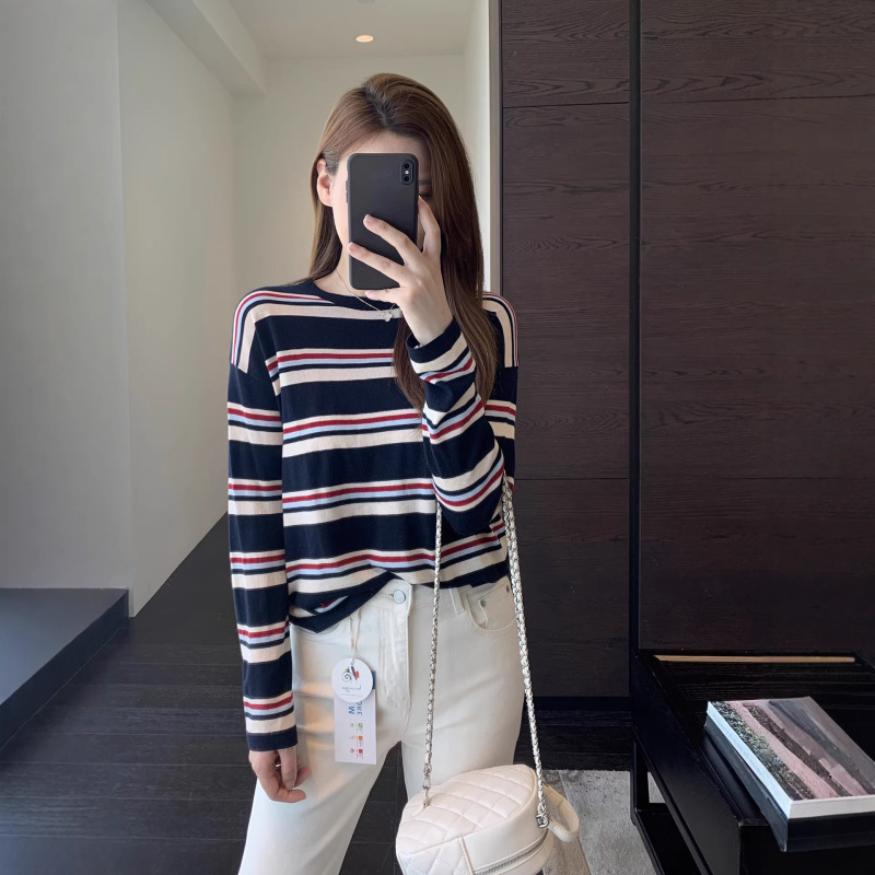 Korean-Style Youthful Look, Soft and Lazy Striped Knit Sweater with Acetate Wool for Women, New Autumn/Winter 25 Model G121907