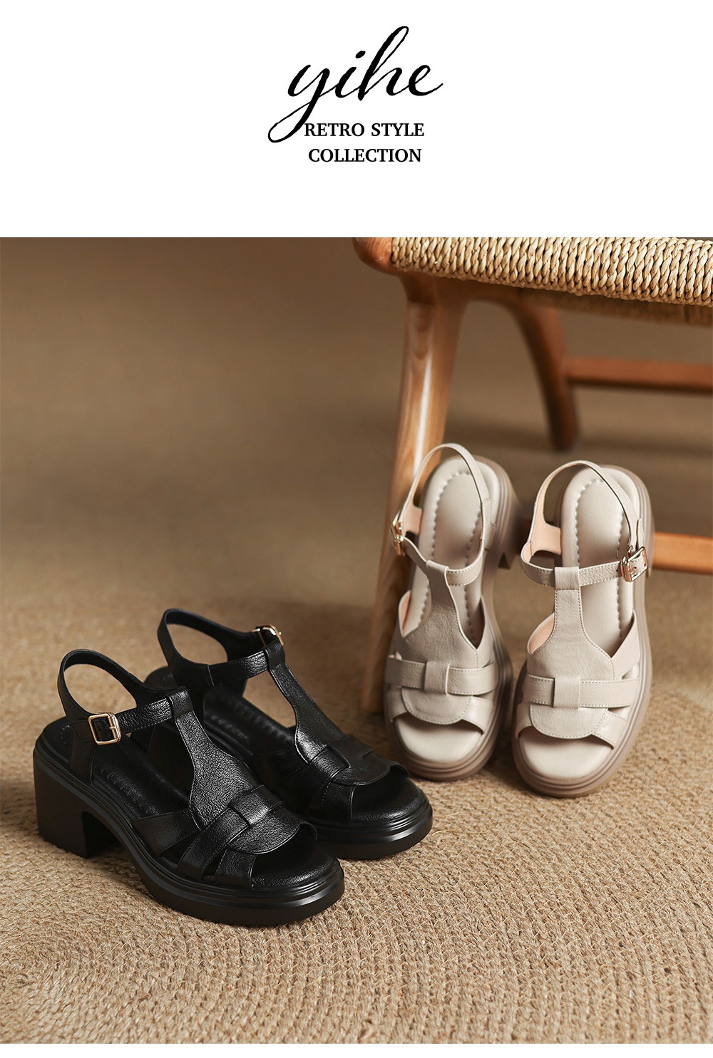 Sandal nữ mũi vuông hở mũi da cừu gót vuông cao 9 cm quai chữ T kiểu La Mã — đen chi tiết 14
