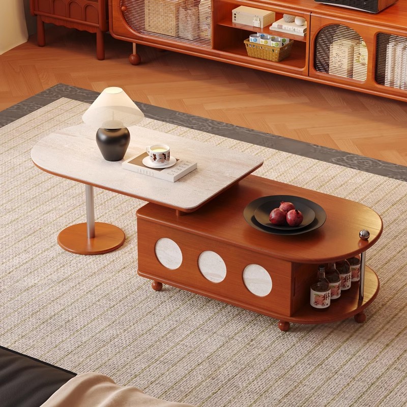Mesa de centro de madera maciza de estilo antiguo retráctil pequeño apartamento sala de estar hogar mesa de té de roca 2024 nuevo lujo ligero sensación de alta gama