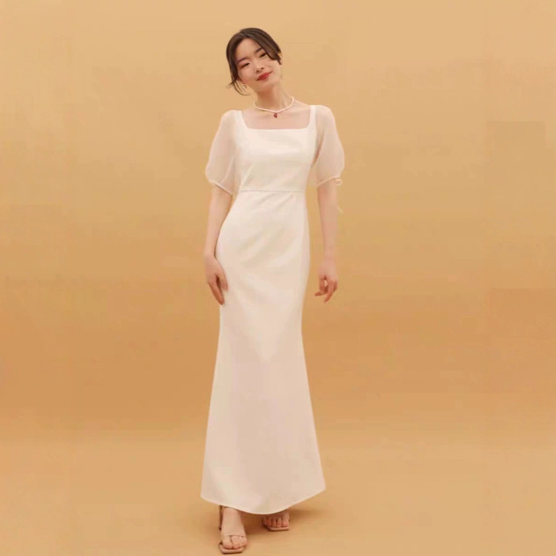 Cross-Border Dress 2025 White Light Wedding Dress Travel Photography Mesh Puff Sleeves Slimming Look High Waist Fishtail Skirt Long Skirt Evening Dress