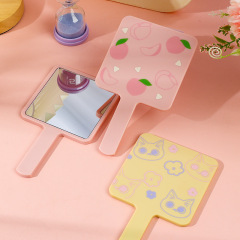 Handheld Cosmetic Mirror Square Cute Cat Pink Peach Beauty Makeup Mirror Portable Touch-up Mirror Handle Mirror